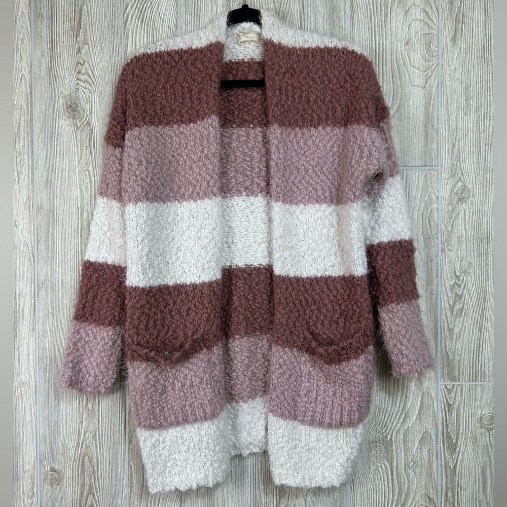Altar’s State Soft Cozy Pink and White Striped Open Front Cardigan Sweater S/M
